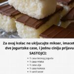 Za ovaj kolac ne ukljucujte mikser, imacete dve jogurtske case, i jednu ciniju prljavu, a ukupno vam treba par minuta da zbrckate ovu poslasticu.